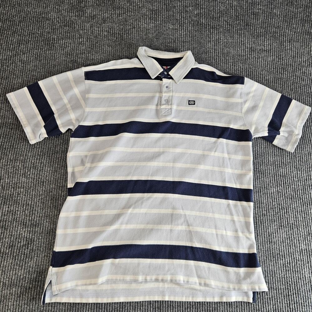 Ecko Unltd Polo‎ Shirt Mens XL Blue Gray White Striped Short Sleeve Cotton Logo